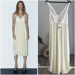 ZARA SEQUIN KNIT SLIP DRESS OFF WHITE